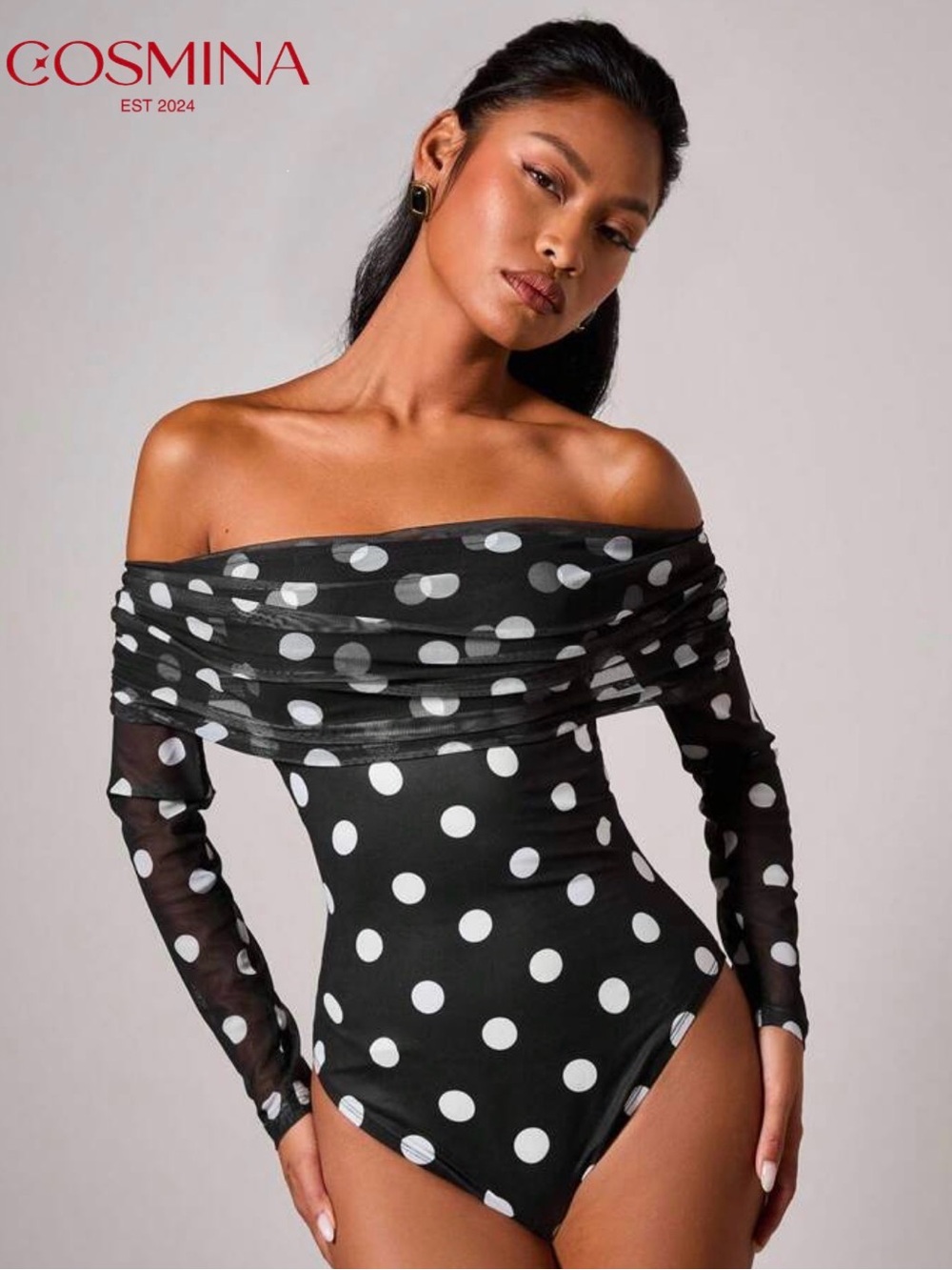 COSMINA Black & White Polka Dot Off-Shoulder Bodysuit